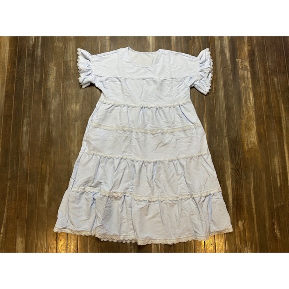 Dresses & Skirts - Baby Blue Seersucker Tiered Midi Dress Lace Trim Flutter Sleeve Cottagecore